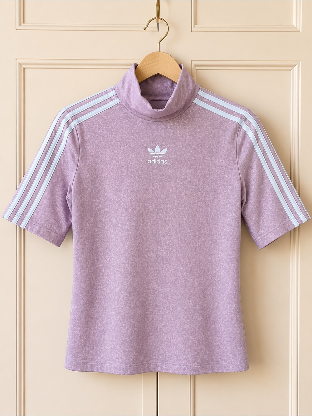 Adidas Originals Women’s Pink Shimmer Mock Neck 3-Stripes Top Good Condition